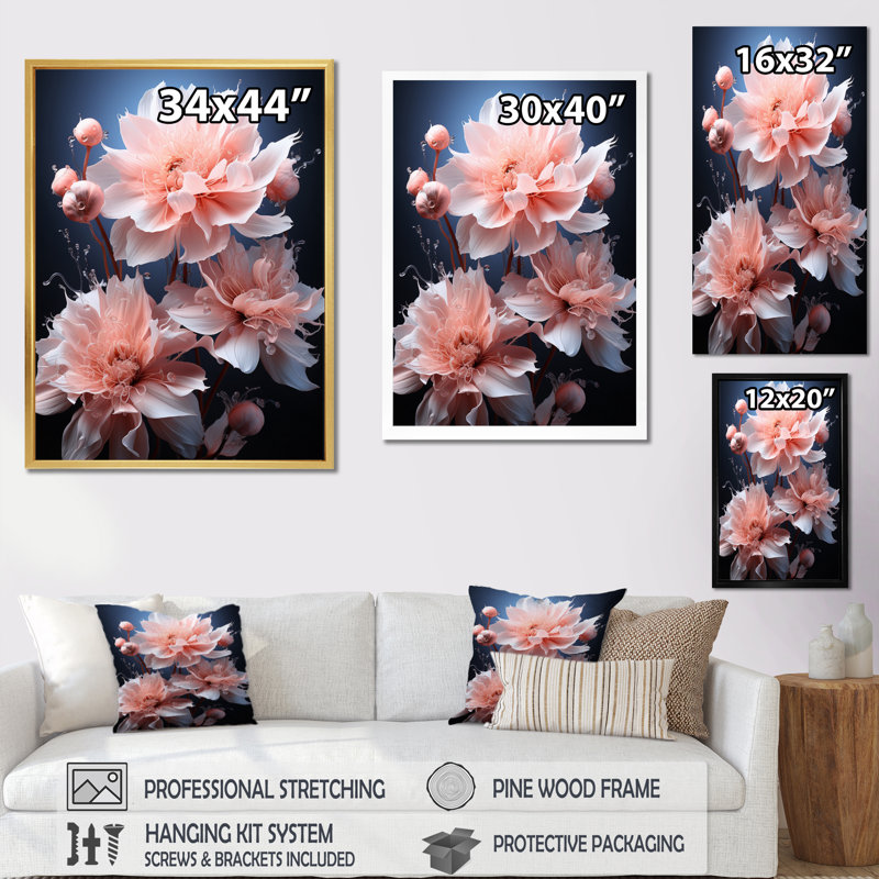 Coralyn rose, fleurs noires, pivoines douces, noir sur toile, H 40 po x l 30 po x P 1,5 po, Toile tendue
