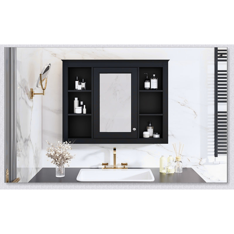 Armoire de salle de bain murale moderne avec miroir et 6 tablettes ouvertes, solution de rangement durable et écologique