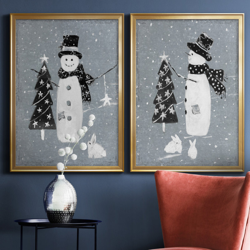 «Snowman Galvanized I», ensemble de 2 reproductions, Pas de tapis, Toile encadrée dorée, H 26,5 po x l 73 po x P 1,5 po