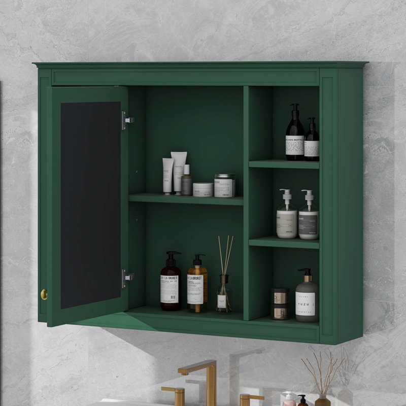 Armoire à pharmacie murale avec miroir et 6 tablettes ouvertes, Vert