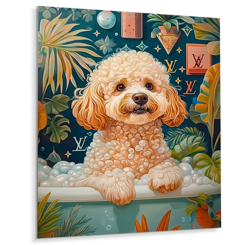 Caniche chien bain temps bulles II - chien Wall Art salon, Sans cadre, métal, H 40 po x l 30 po