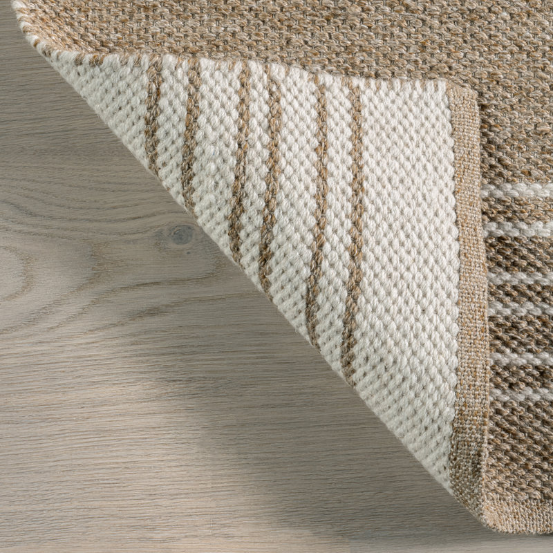 Sand and Off-White Wool Reversible Striped Rectangular Rug, 6' x 9'