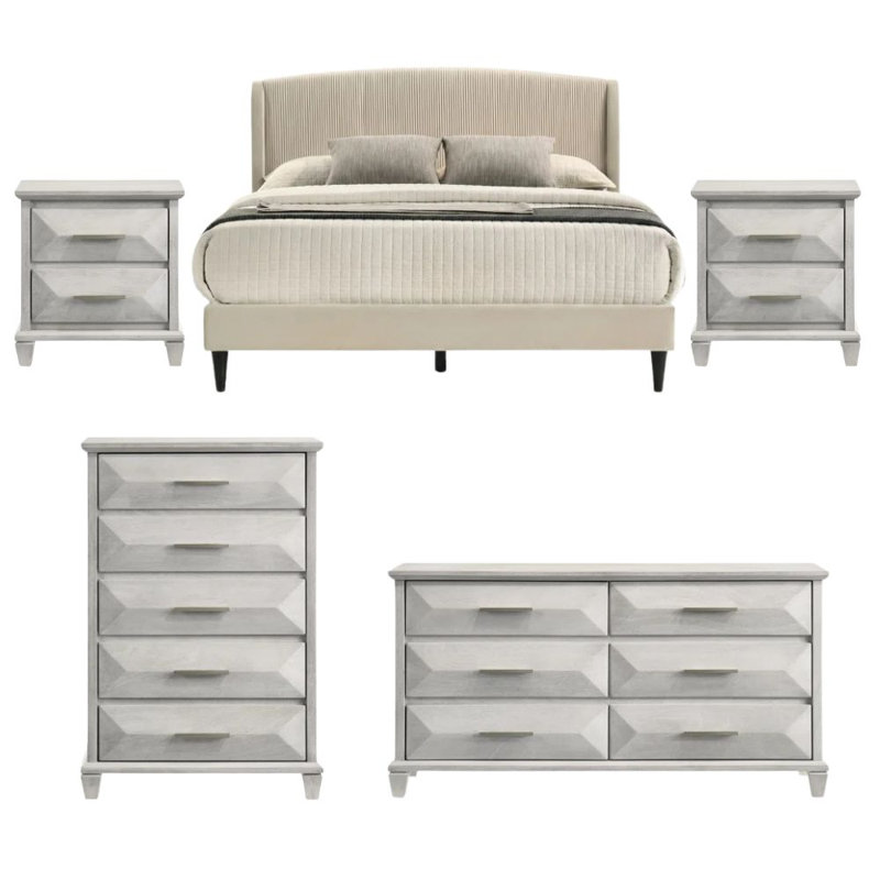 Ensemble de chambre à coucher 5 pièces Jolande, Ensemble de 5 pièces : lit, 2 commodes, 2 tables , Lit double