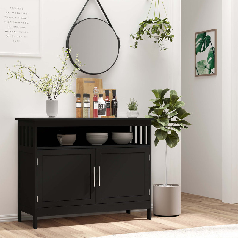 Buffet buffet, armoire de cuisine moderne, armoire à café avec tablette à 2 niveaux et compartiment ouvert, noir