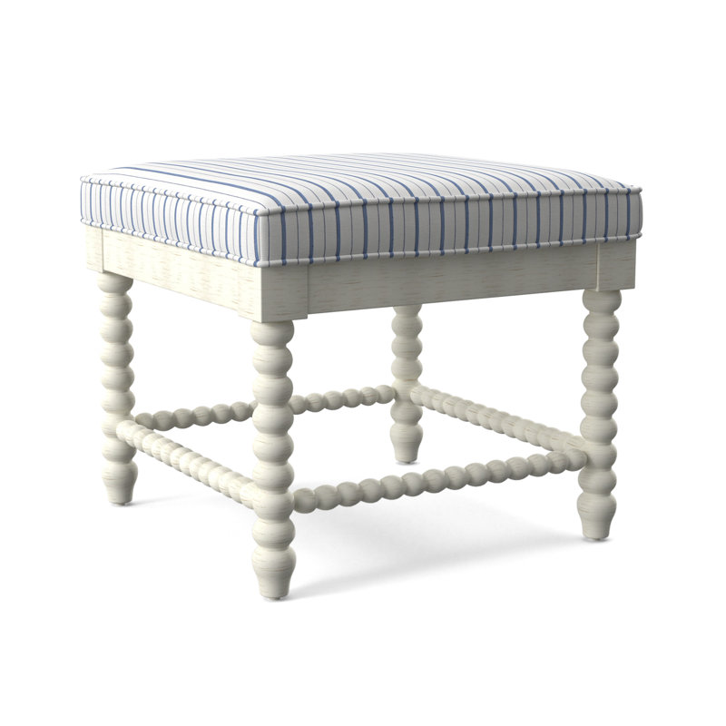 Lind Island Upholstered Bench, Antique Frost White Finish, Cobalt Blue Stripe