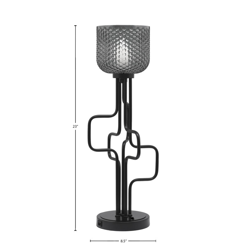 Lampe d'appoint Amarmula, avec ports USB, finition noir mat, verre texturé fumée 6 po, Noir, Transparent/noir