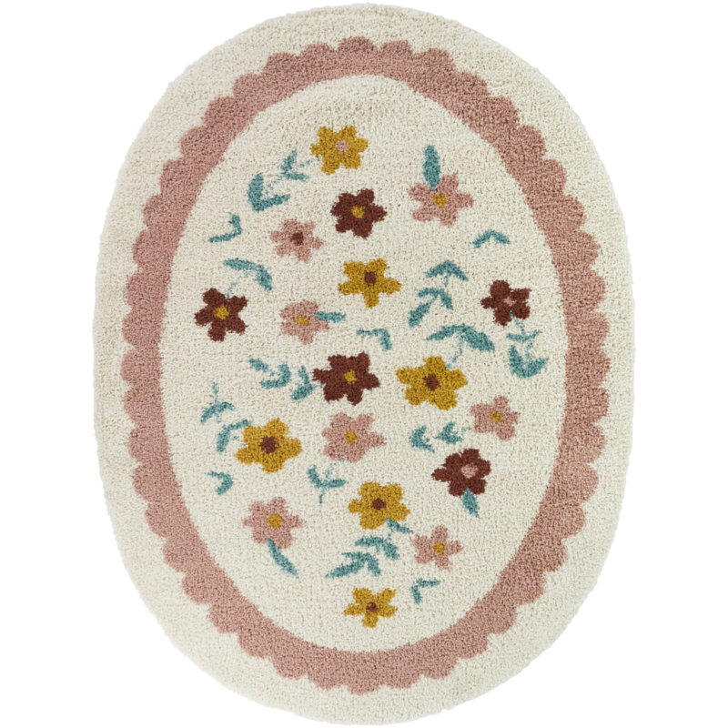 Azalea Pink Multi Kids Flower Toss Scallop Border Oval Area Rug, 5'3" x 6'11" Oval