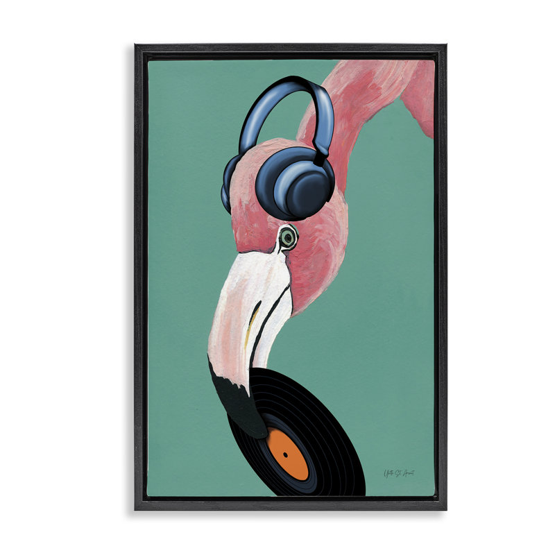 «Fun Musical Flamingo», toile flottante encadrée grise par Yvette St. Amant, H 25 po x l 17 po, Cadre flottant noir de jais