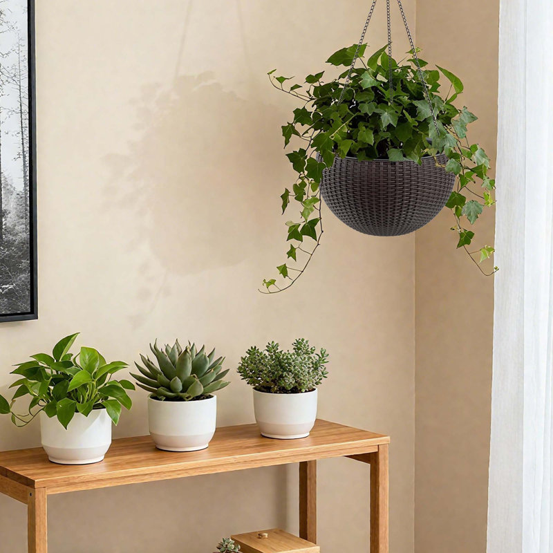 13.4 Inch Self-Watering Hanging Rattan-Inspired Planter Large Capacity, Root-Rot Resistant Water Storage With Water Level Indicator, Dual-Use For Indoor & Balcony Decoration (Pack Of 2, Brown)
