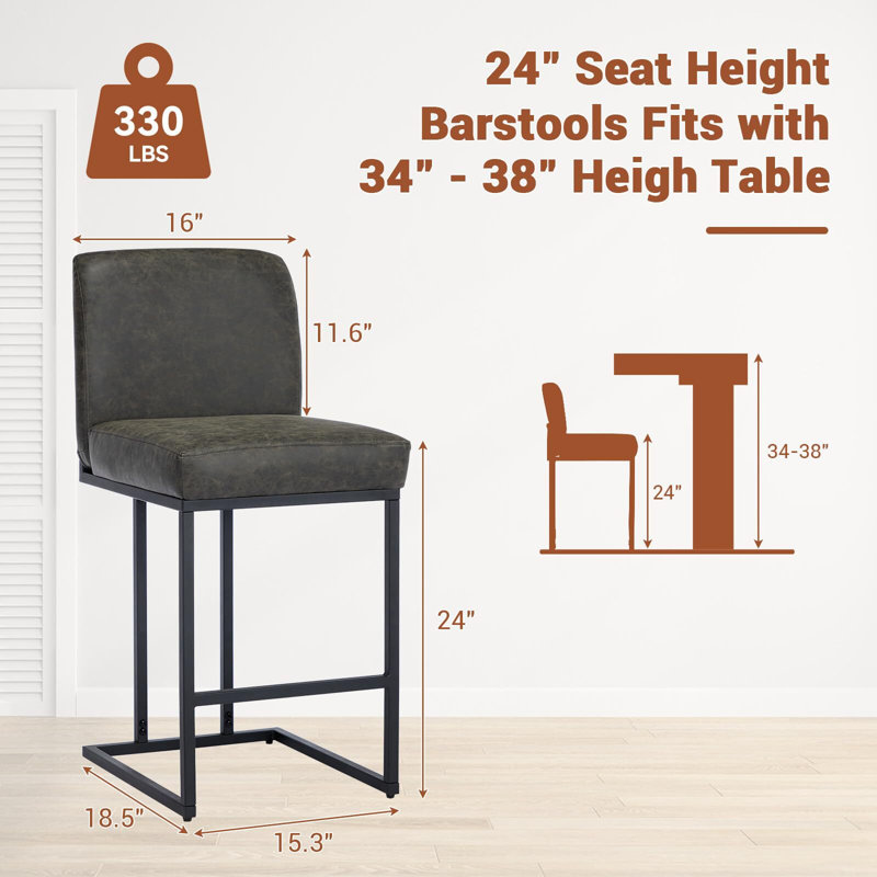 24" Bar Stools, Counter Height Bar Stools With Back, Grey, 1