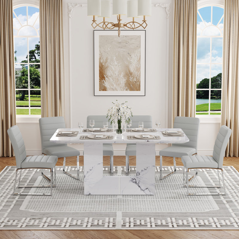 63" Faux Marble Dining Table Set with Faux Leather Chairs, Set for 4 or 6, 7 Pieces: Table, 6 Chairs, Gray