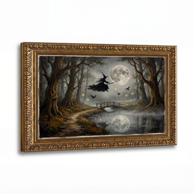 Witch Flying Broomstick Over Moonlit Forest Halloween Canvas Wall Art