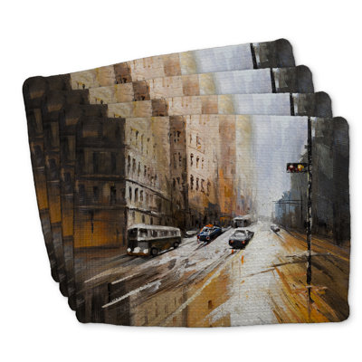 Ensemble de 4 napperons en polyester tressé Abstract City Street