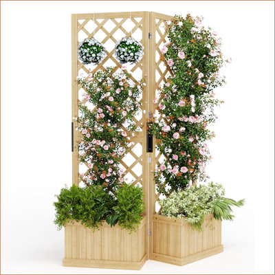 Paravent en cèdre naturel avec bac à fleurs - panneau de clôture extérieur autoportant 41 po x 10 po x 65 po, 2 écrans de jardin à charnières avec trous de drainage, ensemble de lit surélevé pour aménagement de patio, terrasse et cour arrière
