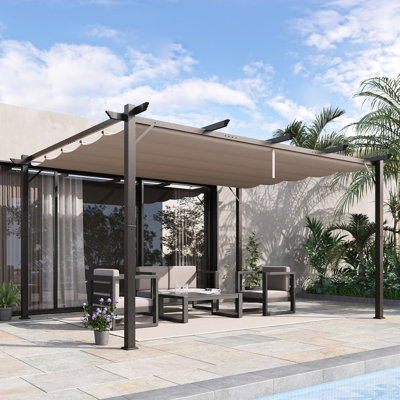 10' X 13' Outdoor Pergola Canopy - Aluminum Retractable Gazebo For Backyard Party. Brown, Stable & Practical, Adjustable Sun Protection, Water , Patio Brown Shade Grill, Porch, Structure