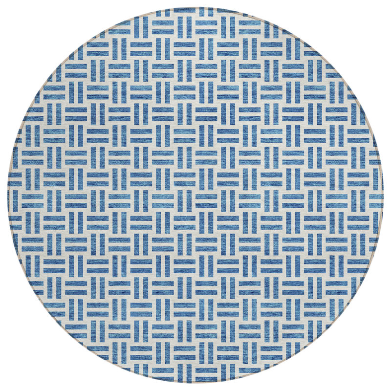 Tapis d'intérieur rond lavable géométrique bleu 8 pi Denim