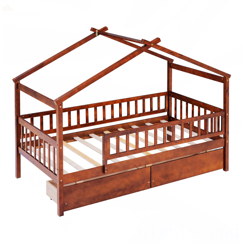 Lit simple en bois avec deux tiroirs, Noyer