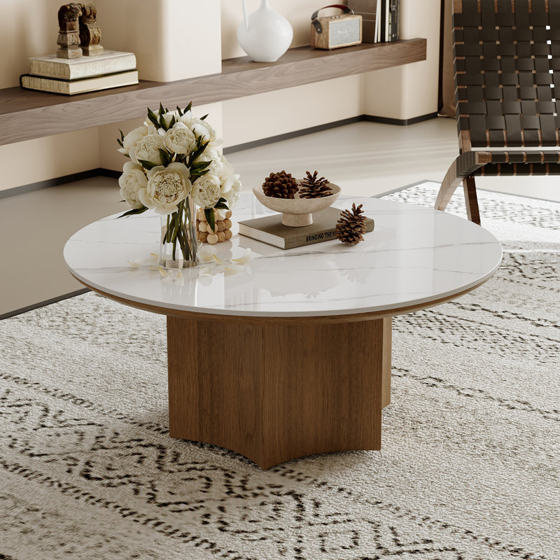 Table basse ronde en faux marbre avec base en bois massif - Table basse de salon moderne facile à assembler pour la décoration intérieure