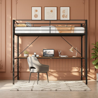 Full Size Heavy Duty Metal Loft Bed With Desk And Led Lights, Charging Stations For Teens Adults,Space Saving,Black
