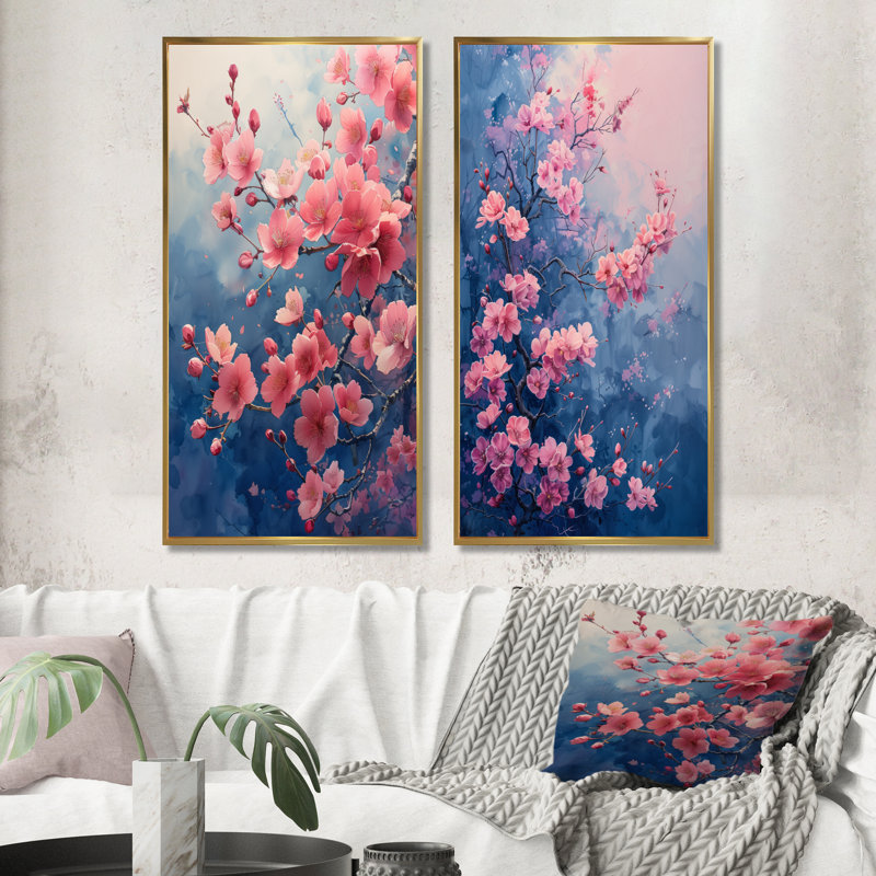 Ensemble de 2 pièces de fleurs de cerisier roses et grises, H 28 po x l 24 po, Cadre flottant doré