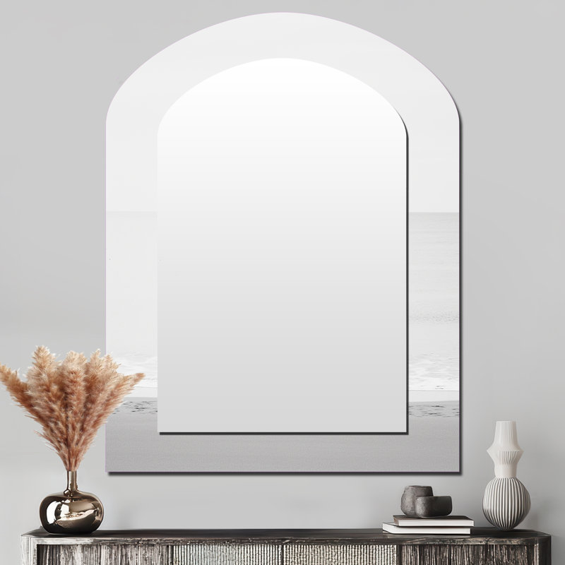 Black And White Minimalism Beach Photo I - Large Arched Wall Mirror On Metal, 43" x 33"