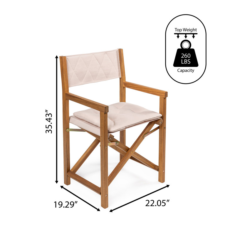 Waldo Coastal Foldable Acacia Wood Outdoor Director Chairs with Beige Diamond-Quilted Cushions, Teak Brown for Patio & Balcony