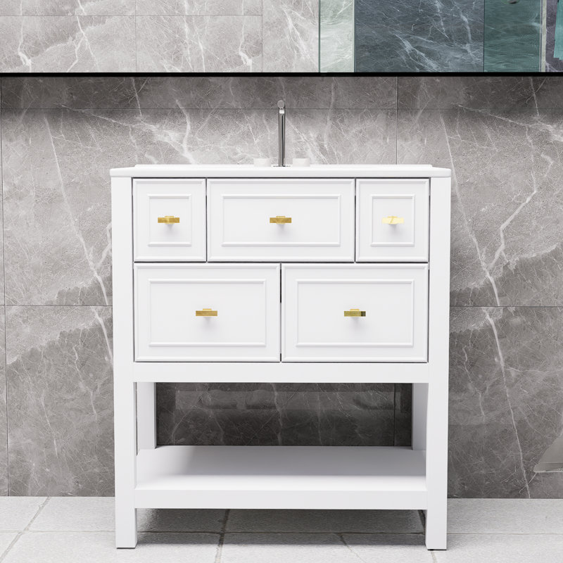 Ensemble de meuble-lavabo autoportant blanc avec 5 tiroirs 30 po avec lavabo en céramique