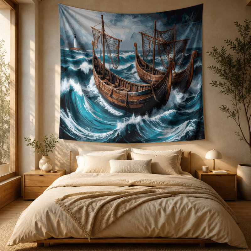 Tapisserie murale nautique scandinave maritime, 88 po x 104 po
