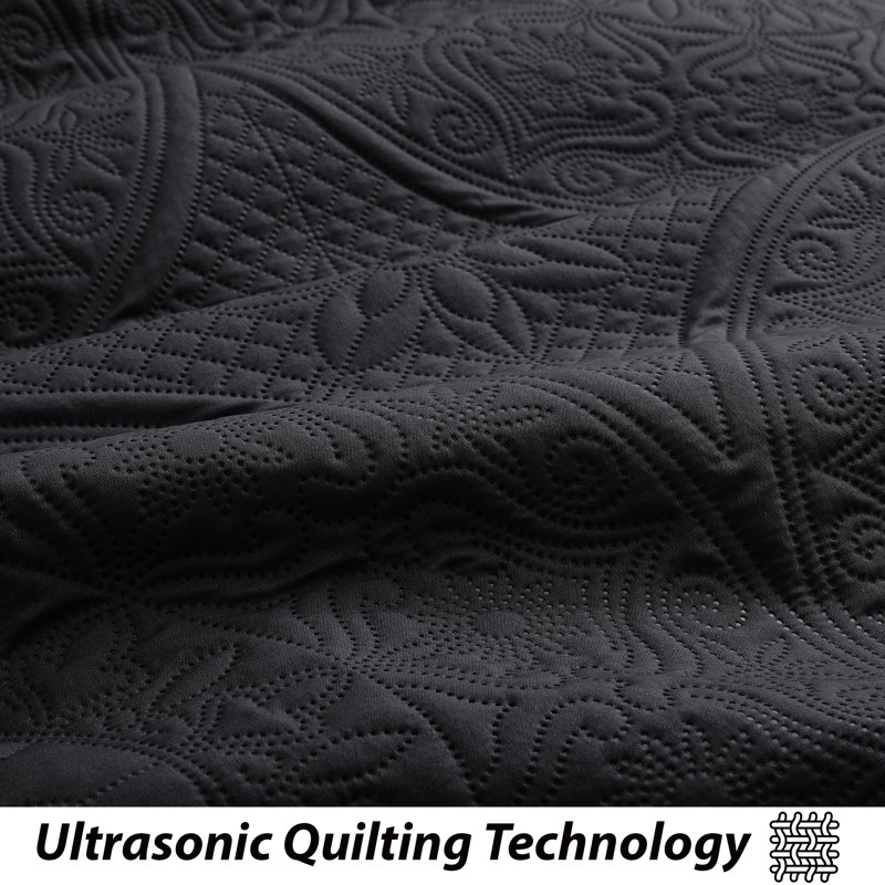 Ensemble de couvre-lit matelassé en microfibre à motif floral, Couvre-lit simple + 1 taie d'oreiller standard, Noir