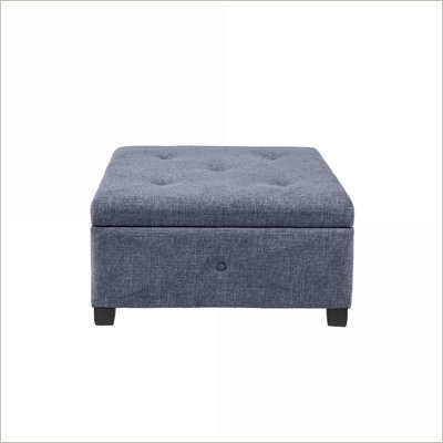 Repose-pieds avec rangement à fermeture en douceur, polyester carré sable de 29,5 po | Boutonné capitonné pour le salon / la chambre à coucher, pieds en bois massif | Brun, bois