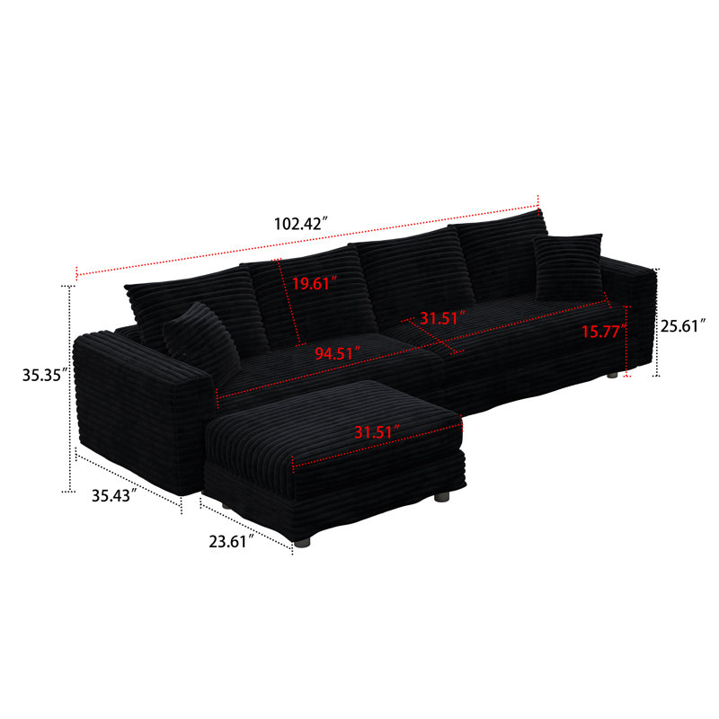 Modern Corduroy Fabric Upholstered 4-Seater Sectional Sofa with an Ottoman, 35.35" H x 102.42" W x 66.94" D, Black