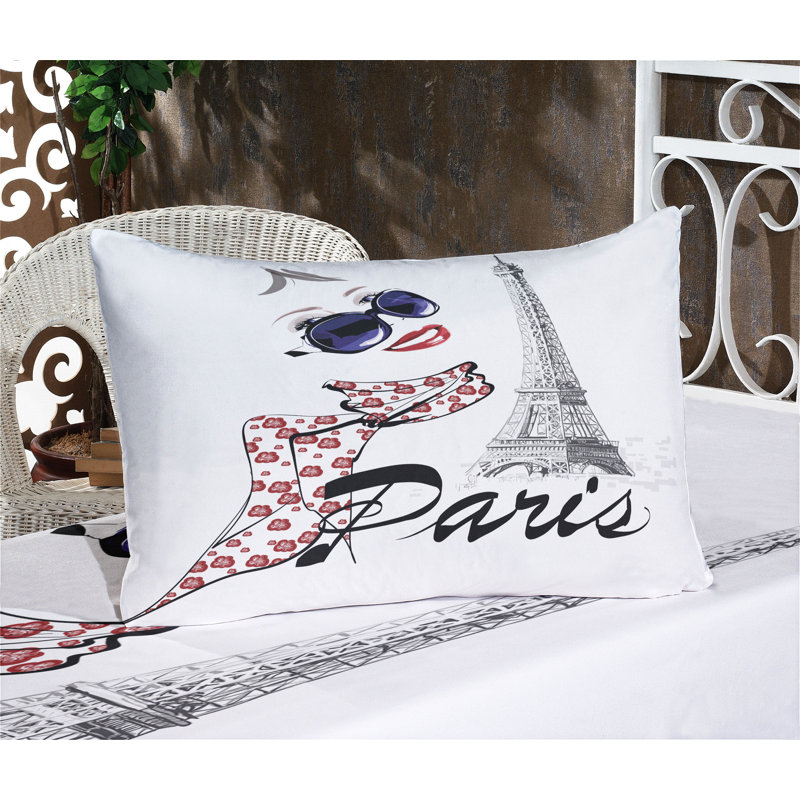 Drap-housse et coussin décoratif Ambesonne Paris, bleu foncé, blanc, Ensemble de draps pour lit simple + 5 pièces supp