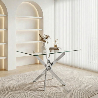 Rectangular Dining Table, 47.24" Glass Dining Table with Silver Legs, Modern Kitchen Table for Home Kitchen, Dining Room