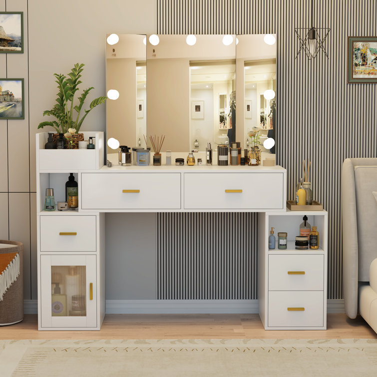 Latitude Run® Jamaiyah Large Vanity Desk with Storage Shelves, 5 Drawers,  Glass Cabinet