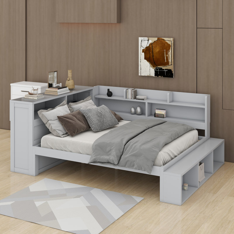 Lit de jour en bois avec tablettes, armoire à chaussures et rangement sous le lit, lit d'angle en forme de L avec ports USB