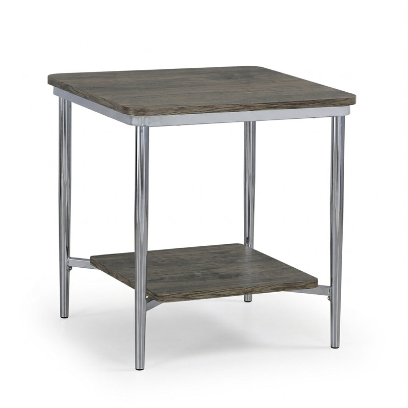 Clarabel 24 po Table de bout carrée en bois patiné avec pieds chromés et tablette inférieure