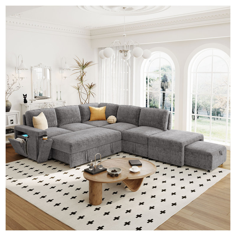 U_STYLE Canapé-lit gigogne en L avec rangement et ports USB, revêtement en polyester gris
