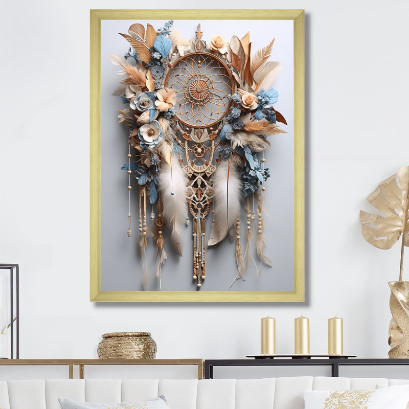 «Beige et bleu» Dreamcatcher Serenity - reproduction d'art sur toile, Cadre doré simple, H 32 po x l 24 po x P 1 po