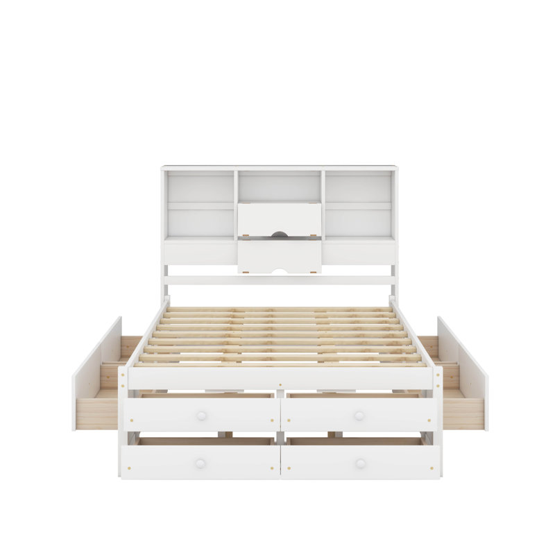 Grand lit plateforme avec tête de lit et tiroirs de rangement, Blanc