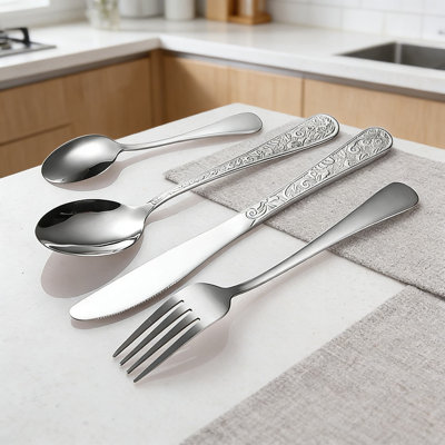 Ensemble de couverts 20 pièces en acier inoxydable au motif en relief exquis Phoenix, ensemble de cuillères à fourchette et couteau à steak pour un repas élégant et un service de desserts