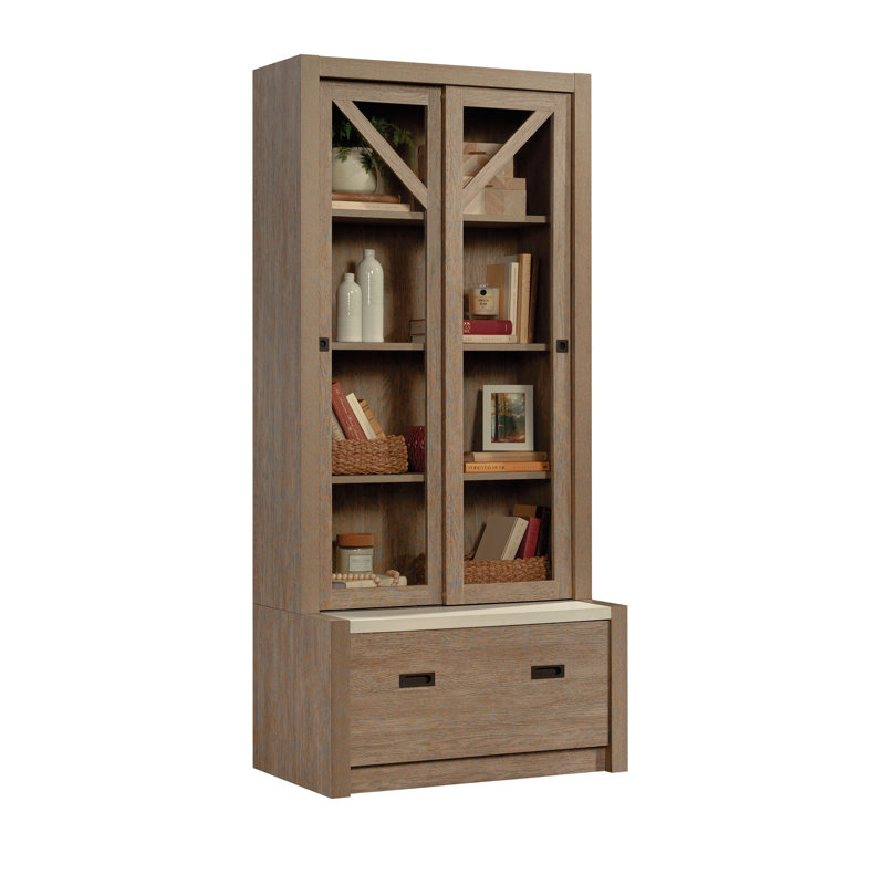 Pebbled White and Brushed Oak Adjustable Bookcase with Glass Doors