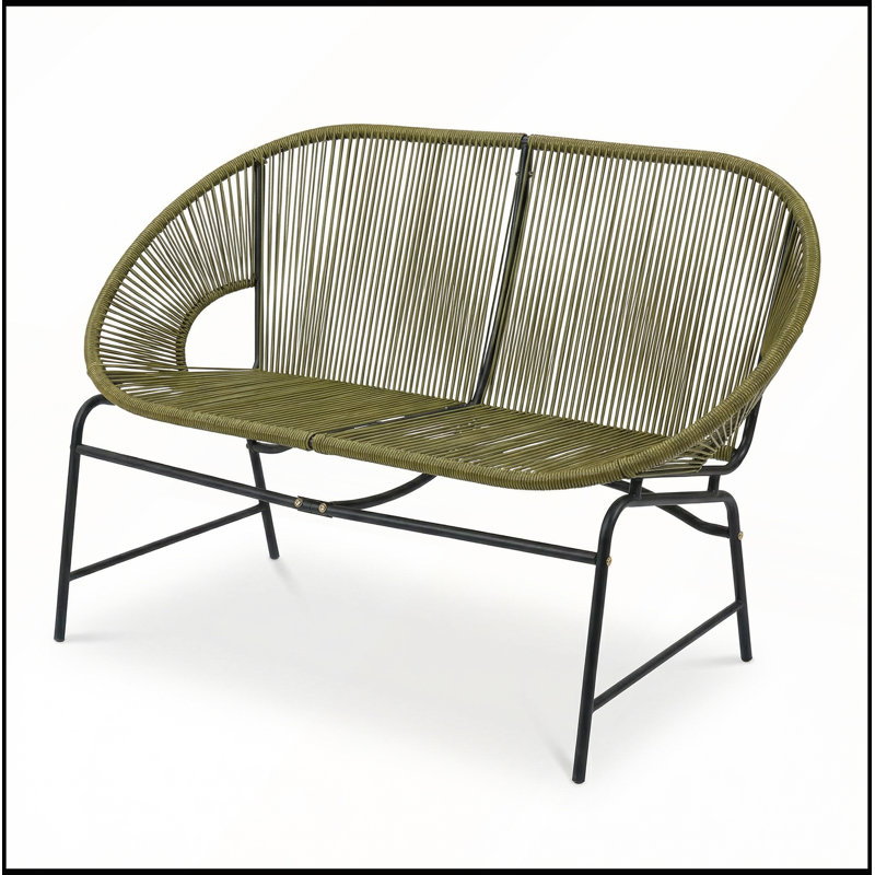 Green PE Rattan & Iron Frame Outdoor Patio Wicker Love Seat for Any Garden Setting, Green/Black
