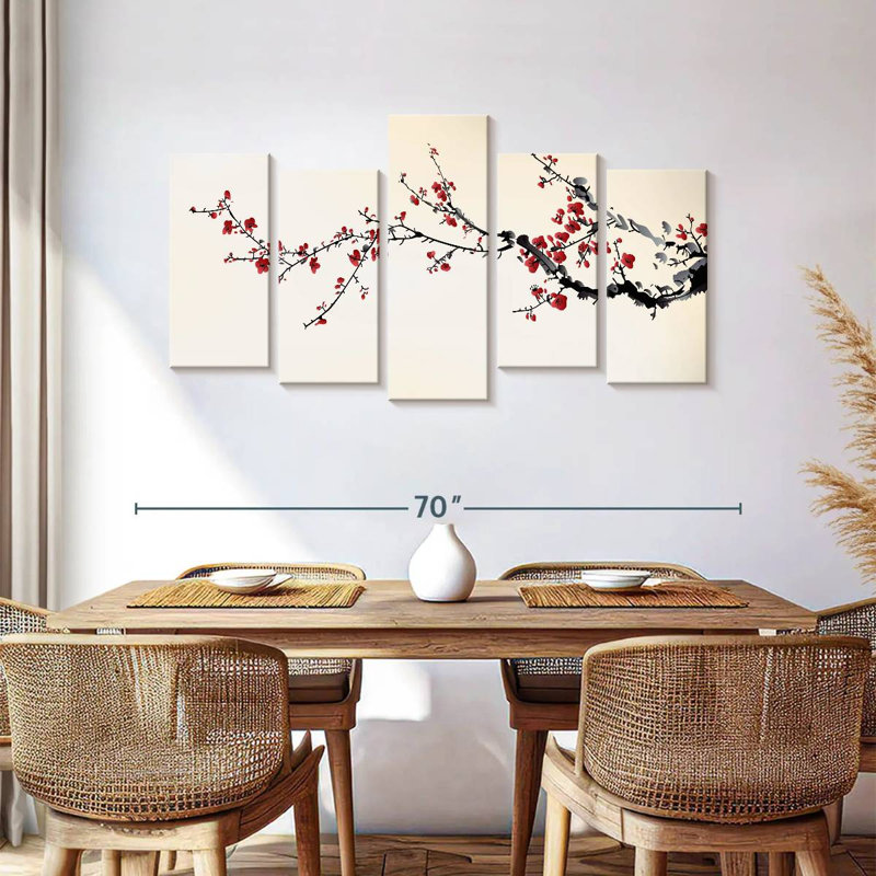 Red Japanese Blossoms Wall Art Multi Piece Canvas Print, H 33 po x l 66 po x P 1,25 po