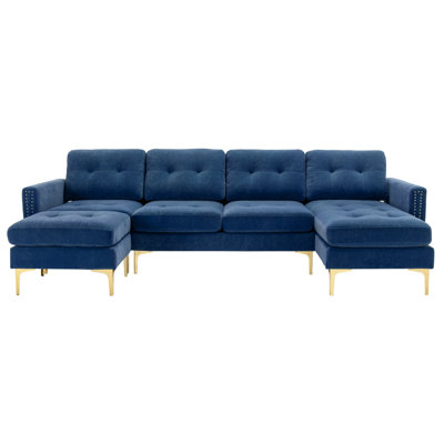 110" L-Shape Convertible Sectional Sofa with Movable Ottoman – Velvet Couch, Nailhead Trim, Storage Pockets – Modular Design: U-Shape, L-Shape or Separate – Golden Metal Legs – for Living Room, Apartment, Office – 330 lb per Seat