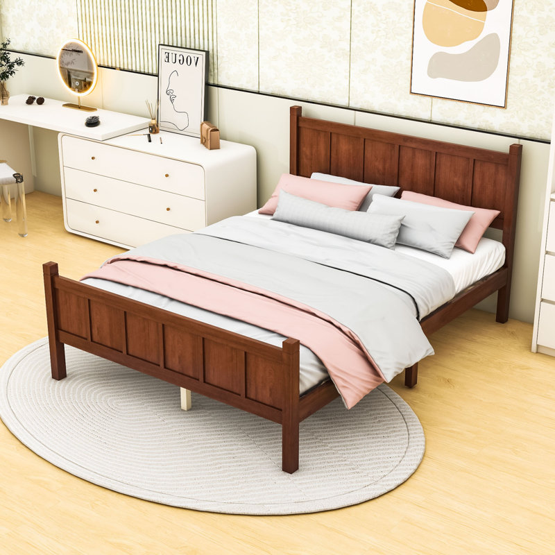 Lit plateforme en bois avec tête de lit, Lit double, Noyer foncé