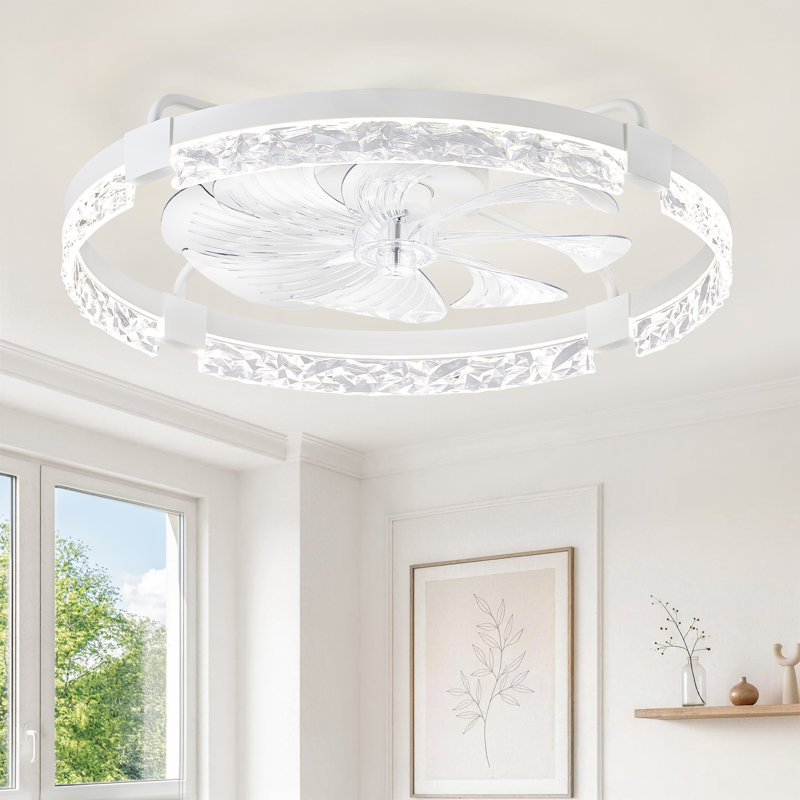  Cissline 24" Modern Flush-mount Ceiling Fan with Light, Diamond-cut Crystal Edges, for Bedrooms & Living Areas, 24" Wide