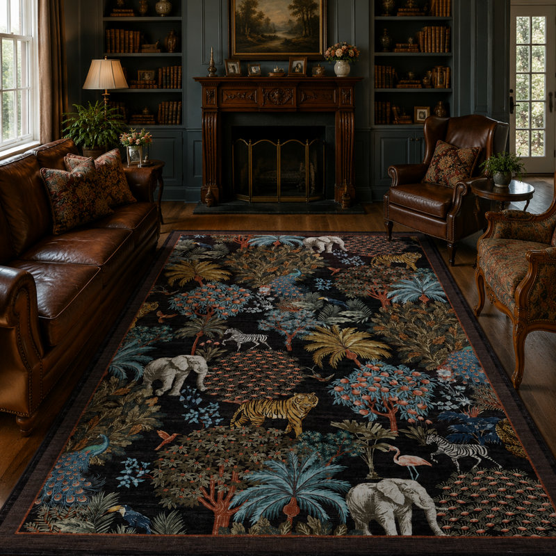 Tapis de couloir lavable à imprimé jungle pour salon et chambre à coucher, Noir, 9 x 12 pi