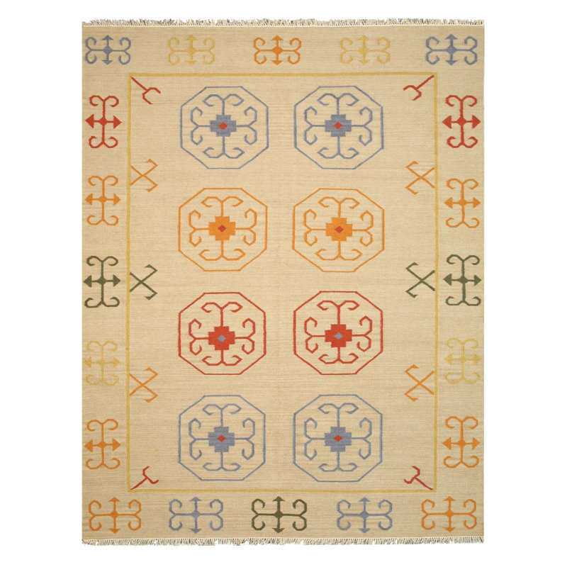 Bovey Ivory Hand Knotted Beige Traditional Oriental Handmade Wool Area Rug, Rectangle 5'6" x 8'