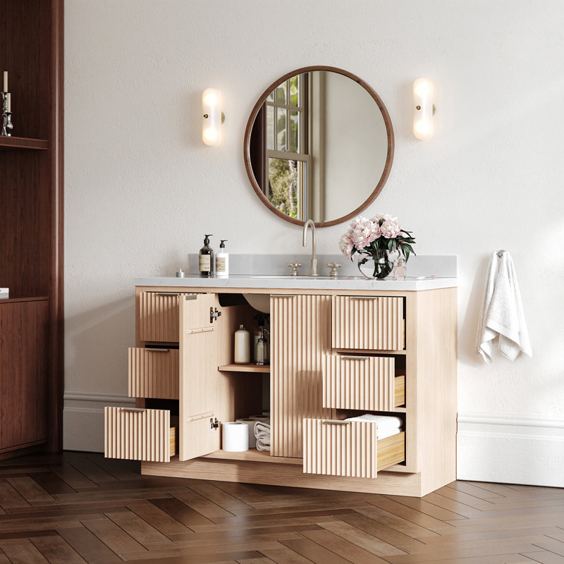 Meuble-lavabo simple 54 po en chêne massif avec comptoir en quartz 1,5 po Carrara, lavabo ovale, Ovale, 54"