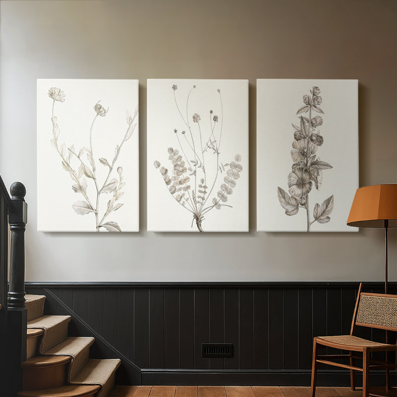 Neutral Botanical Study IV - Toile tendue sur mesure avec châssis - 3 pièces, H 12 po x l 24 po